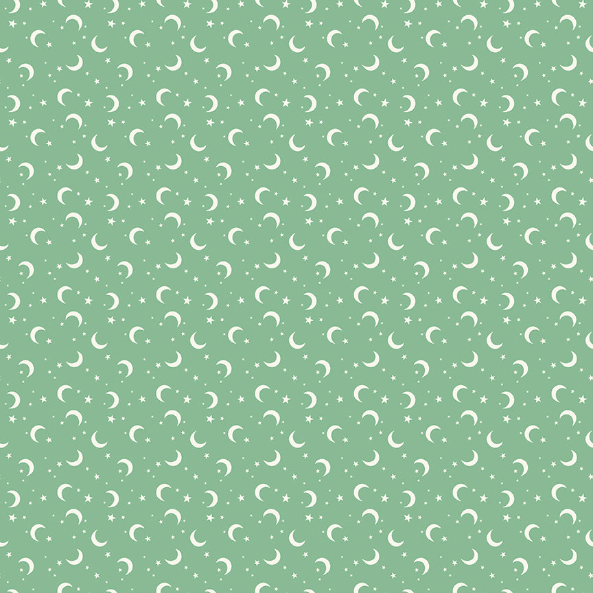 Pattern of white crescent moons and stars on a green background