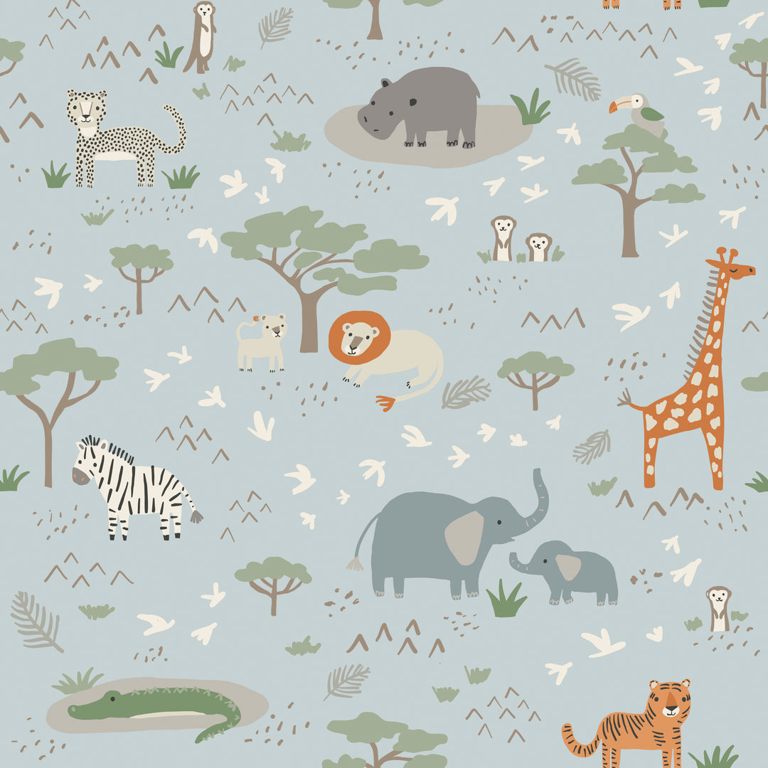Pattern of various safari animals on a light blue background