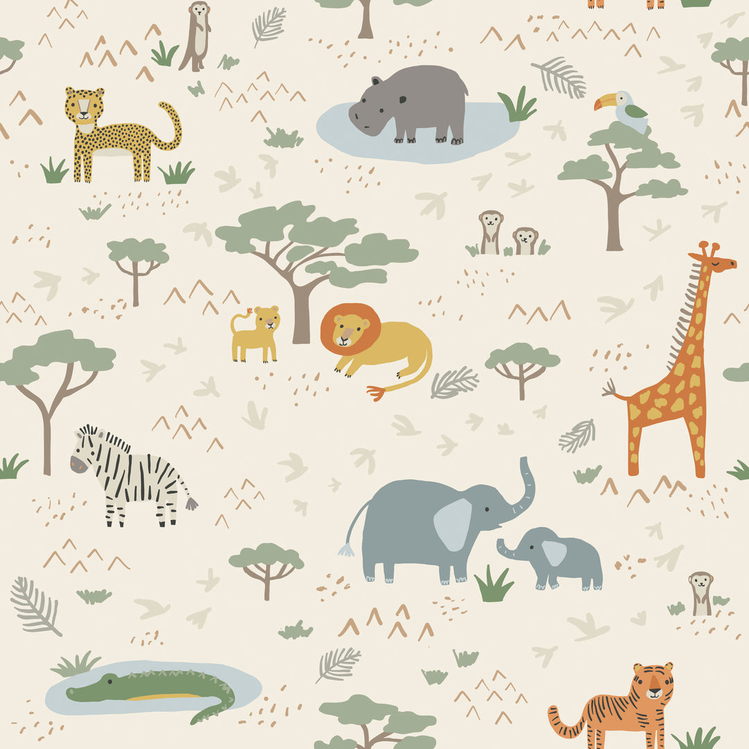 Pattern of cartoon animals and trees on a light background