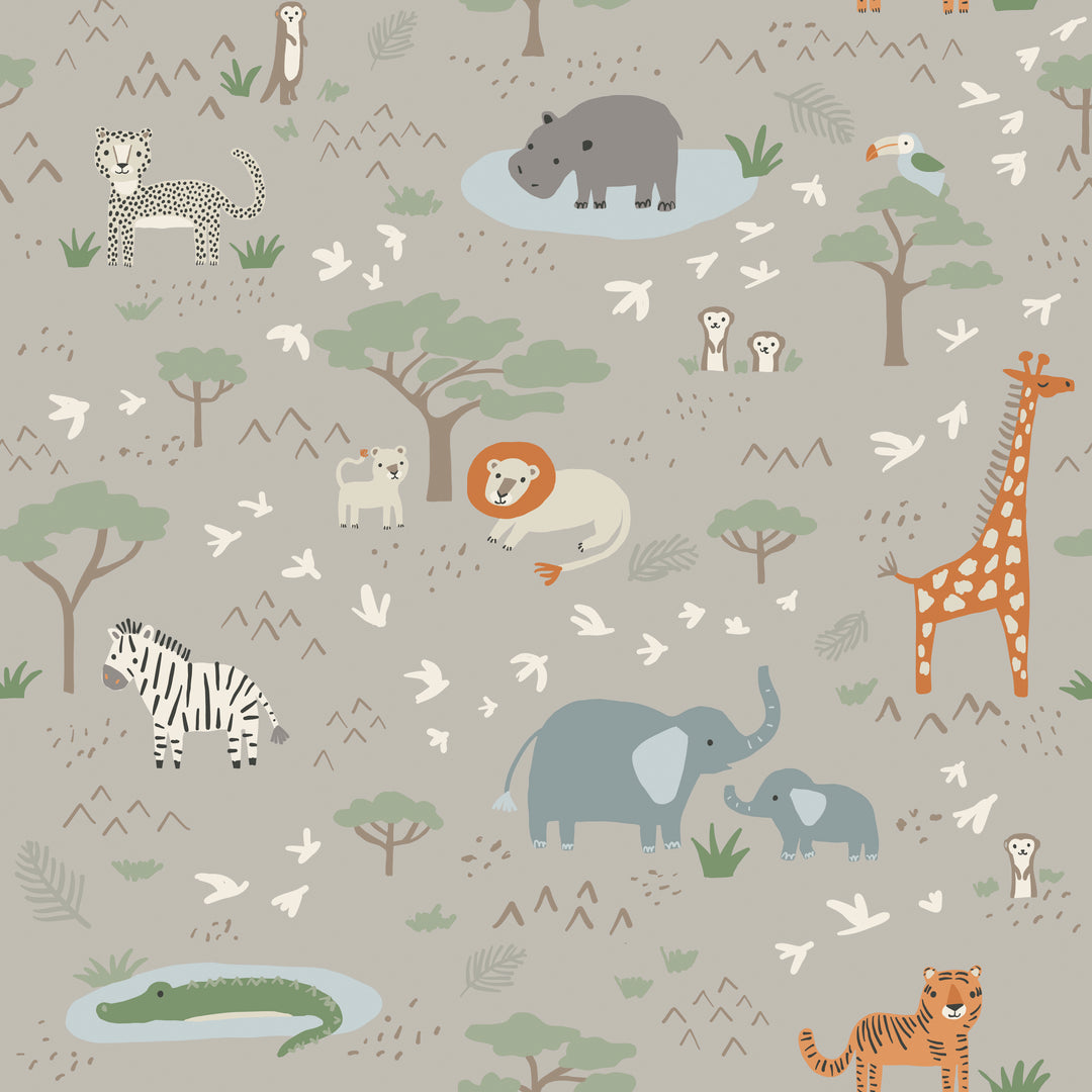 Pattern of various animals in a forest setting on a light green background