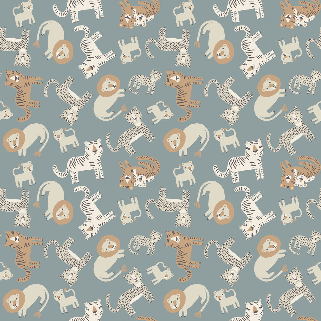 Pattern of various animals including tigers, lions, and leopards on a teal background.