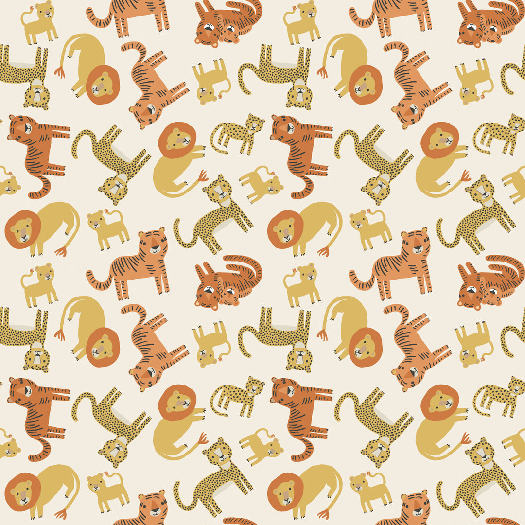 Pattern of cartoon tigers, lions, and leopards on a beige background
