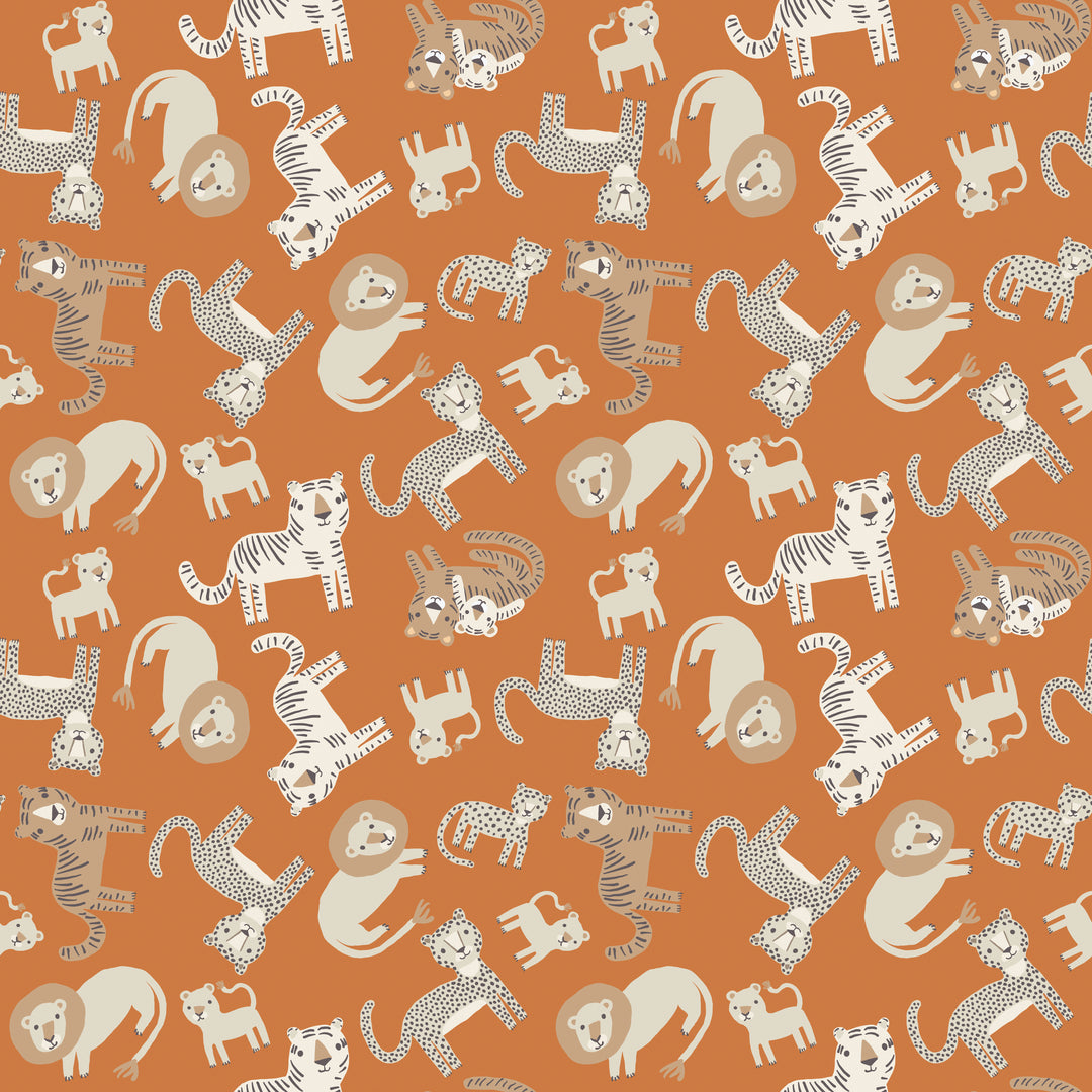 Pattern of various animals including tigers, lions, and leopards on an orange background.