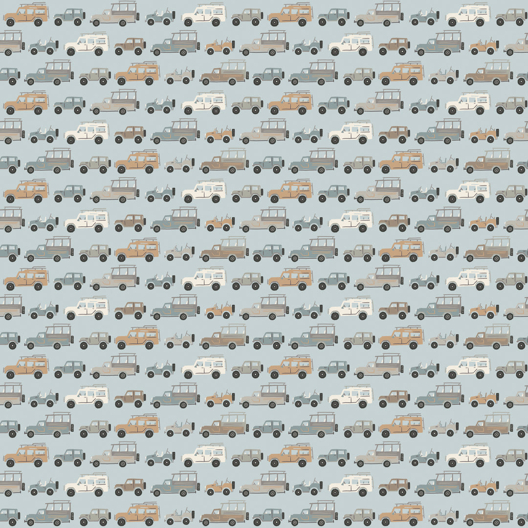Pattern of small cars on a light blue background