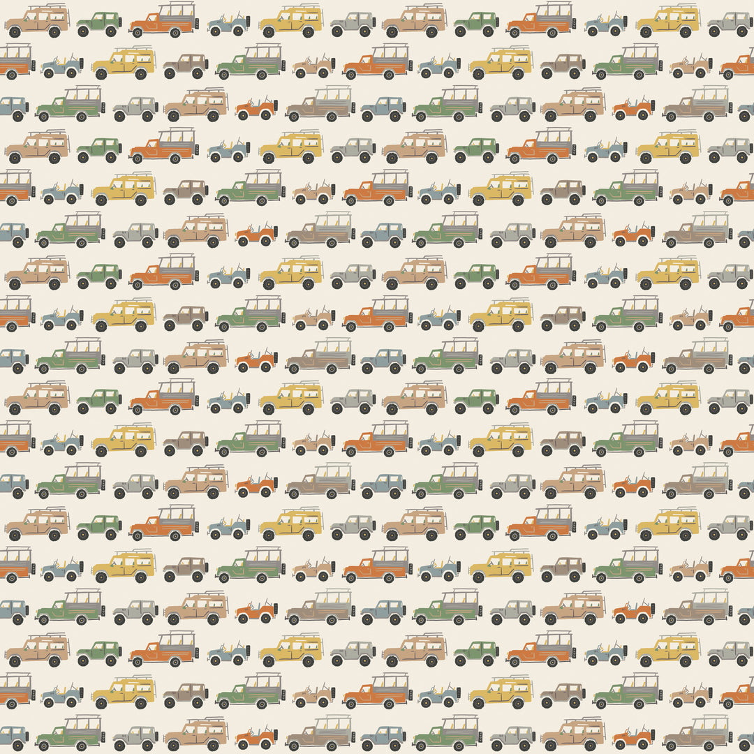 Pattern of small cars in various colors on a beige background
