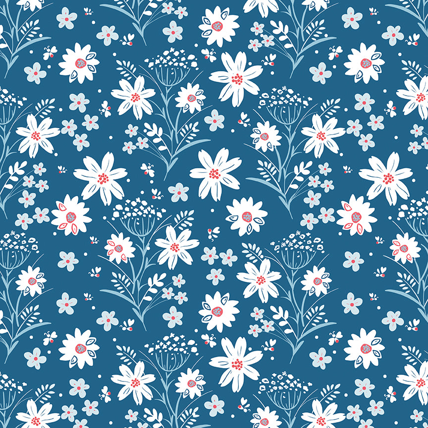 Floral pattern with white flowers on a blue background