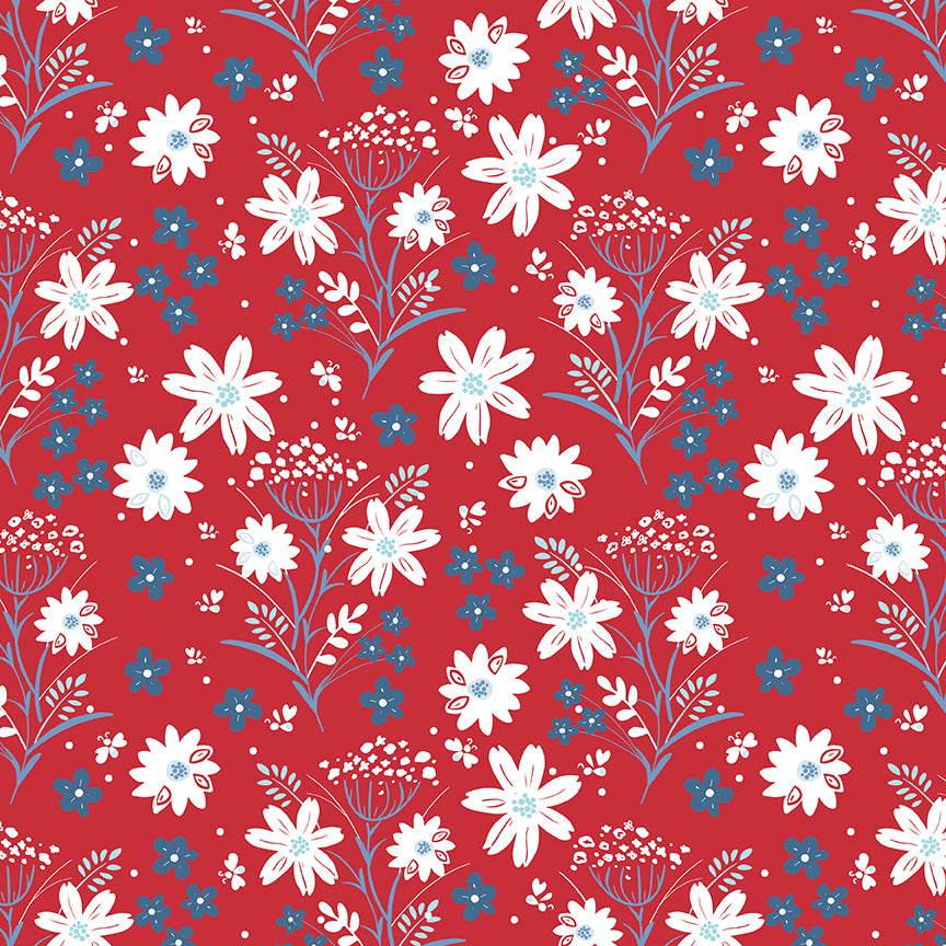 Floral pattern with white and blue flowers on a red background
