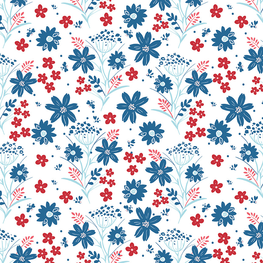 Pattern of blue and red flowers on a white background