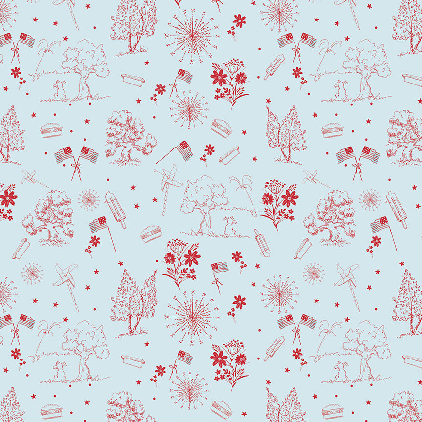 Pattern of red illustrations on a light blue background.