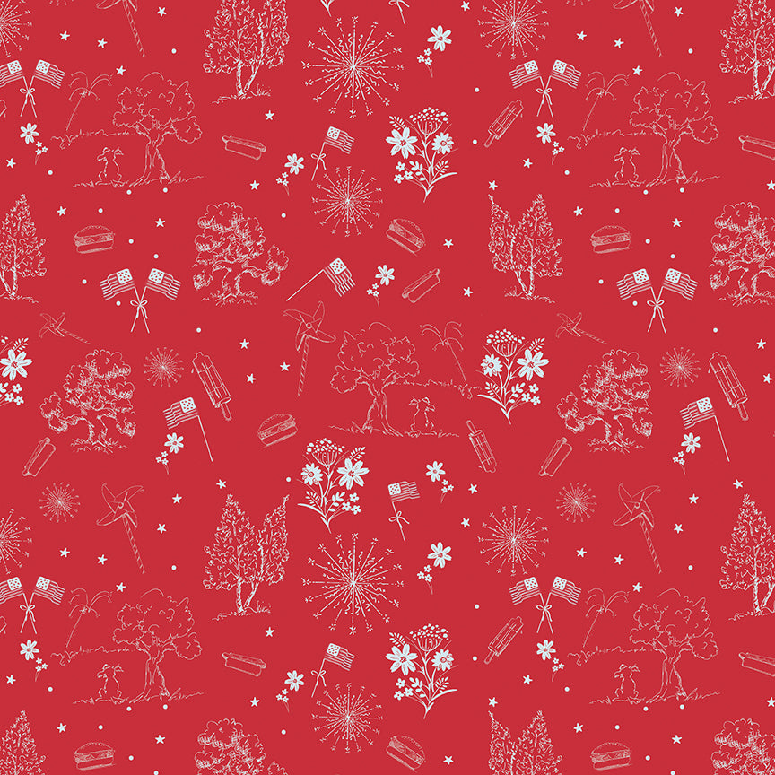 Red patterned fabric with white illustrations on a red background