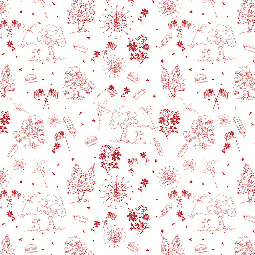 Red and white pattern with trees, flags, and other elements on a white background