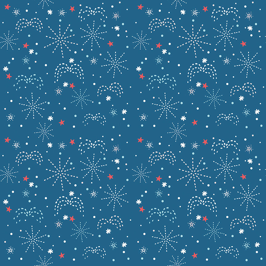 Pattern of fireworks, stars, and dots on a blue background