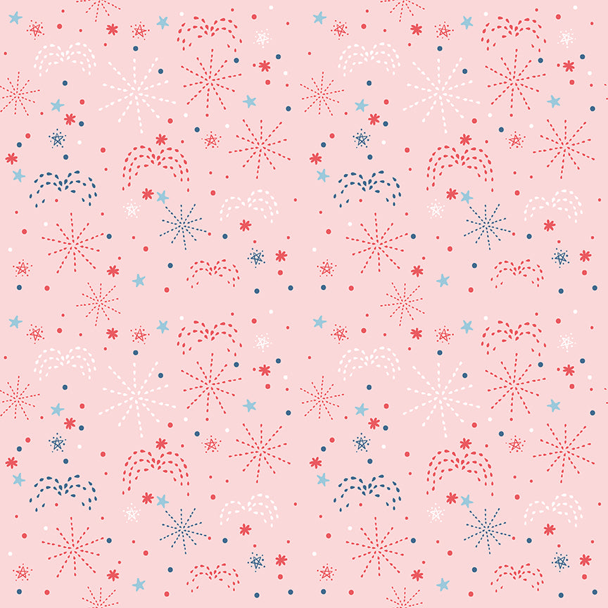 Pattern of colorful fireworks and stars on a pink background