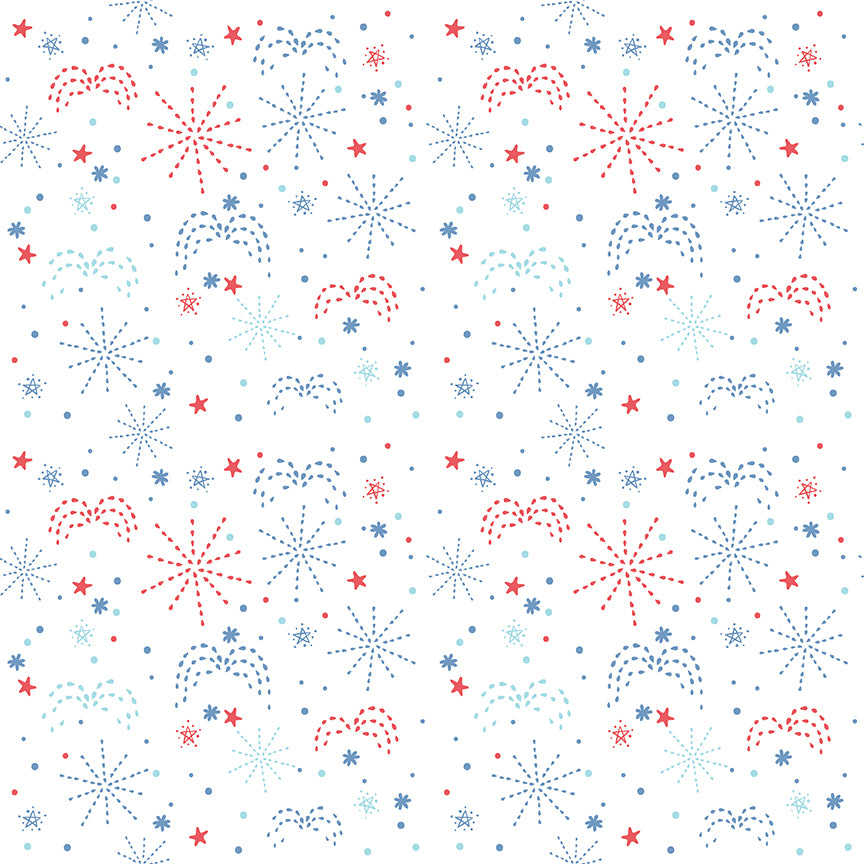Pattern of red, blue, and white fireworks and stars on a white background
