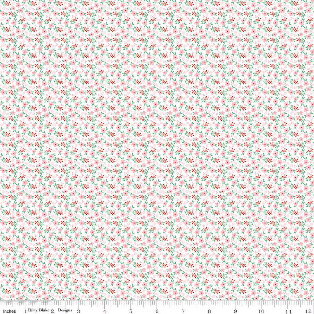 Floral pattern fabric swatch with red and green flowers on a white background