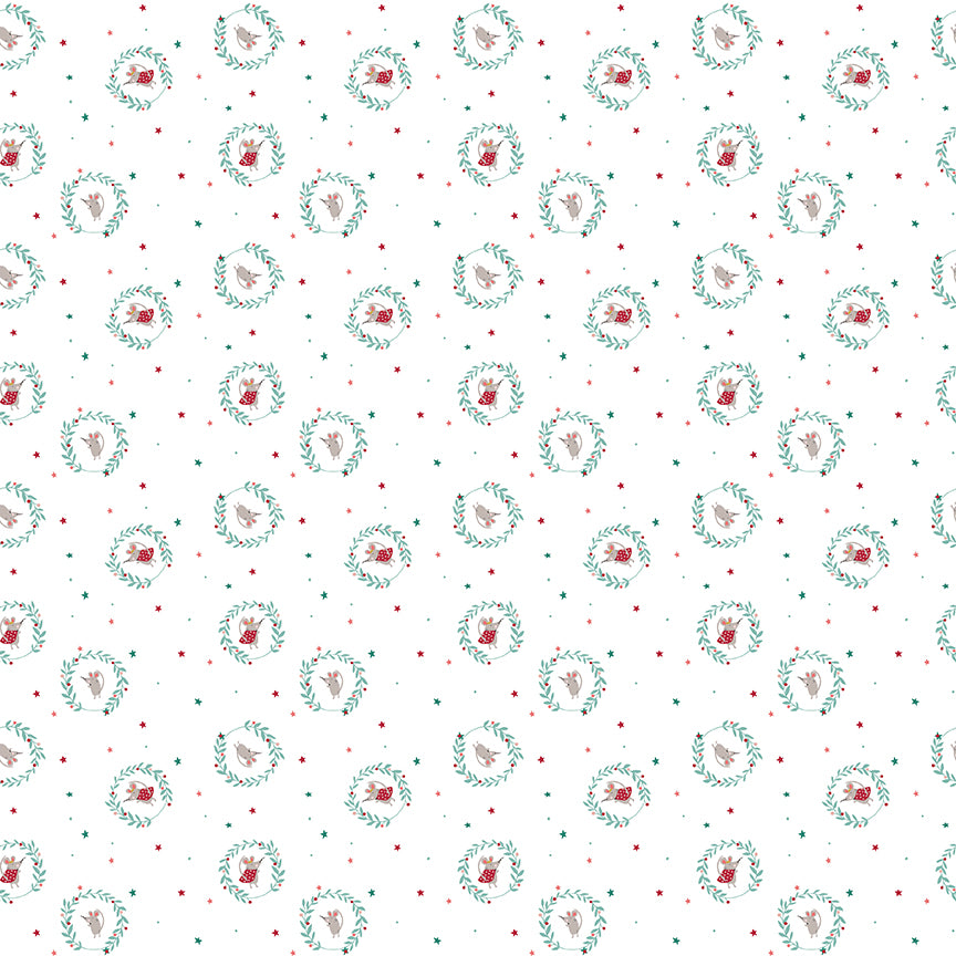 Pattern of Christmas wreaths and berries on a white background