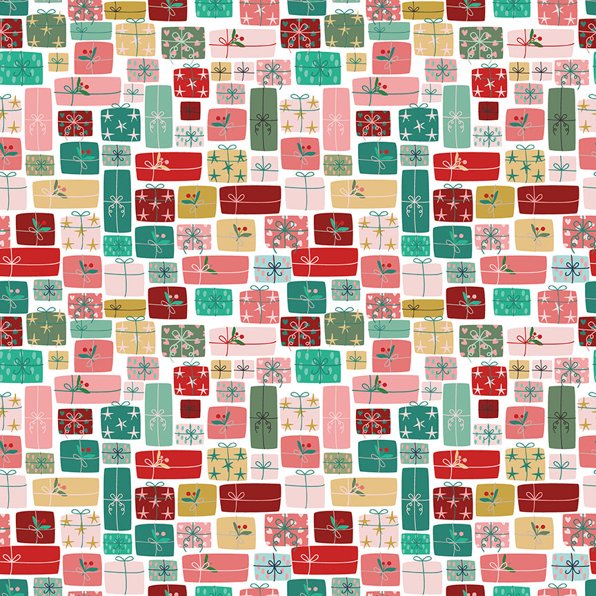 Pattern of colorful gift boxes with ribbons on a multicolor background