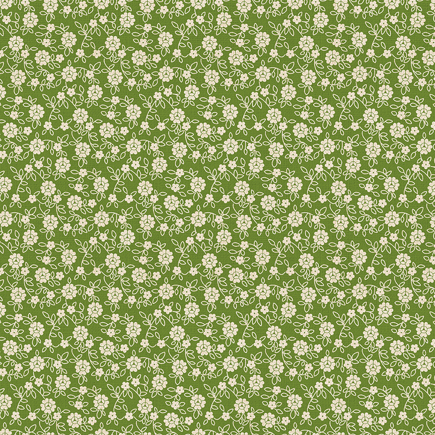Pattern of small white flowers on a green background