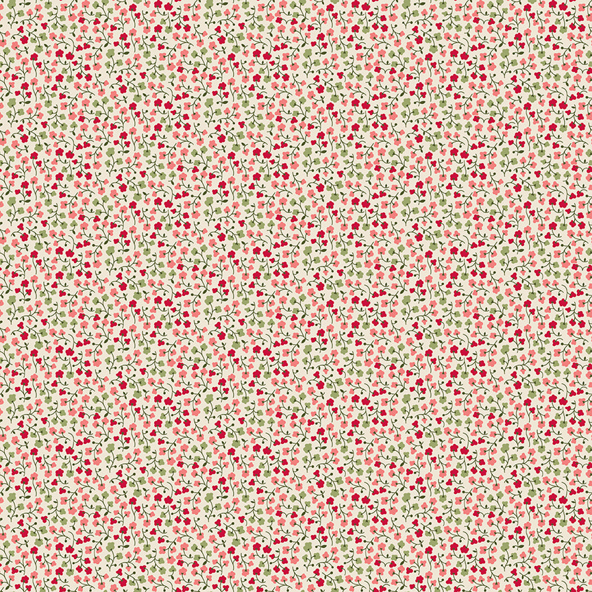 Floral pattern with small red flowers on a light green background