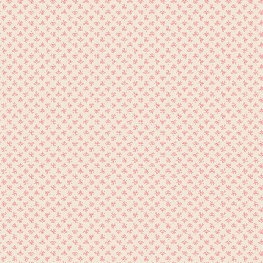 Patterned fabric with small pink floral design on a light beige background
