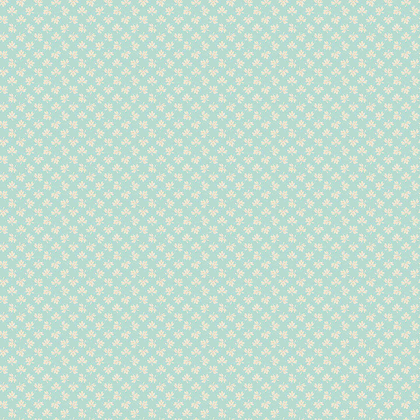 Patterned fabric swatch with small floral design on a light blue background