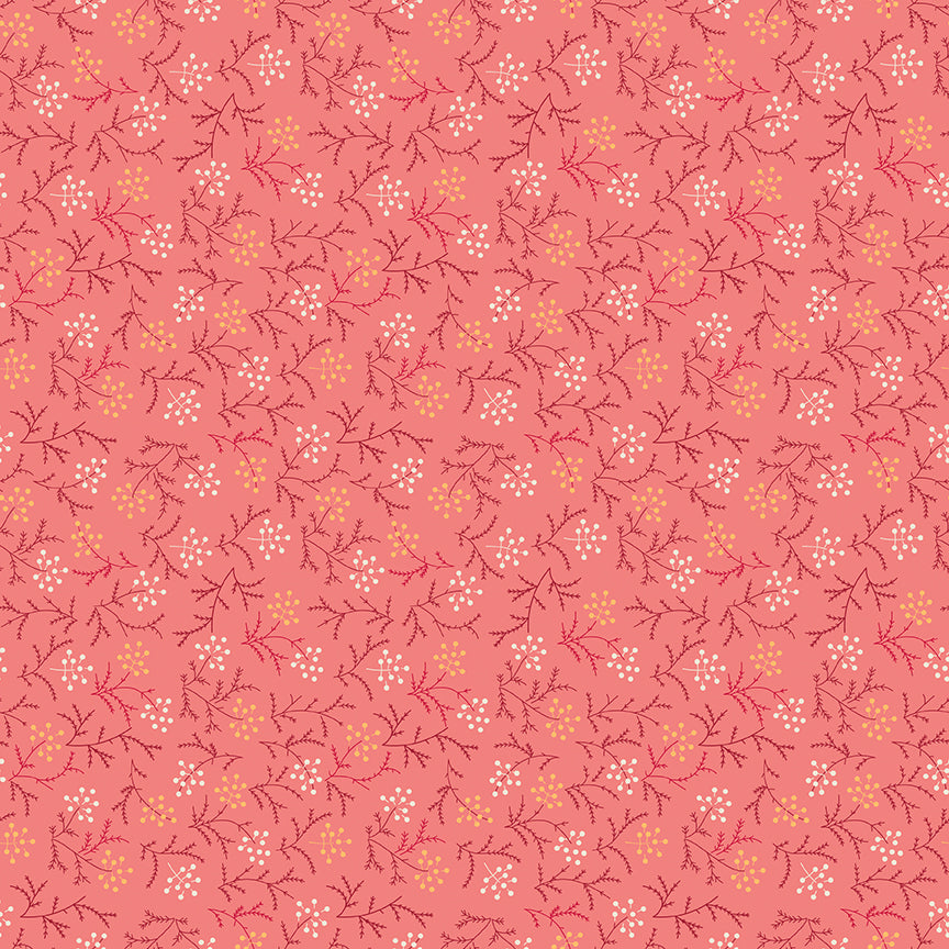 Floral pattern with small flowers and leaves on a pink background