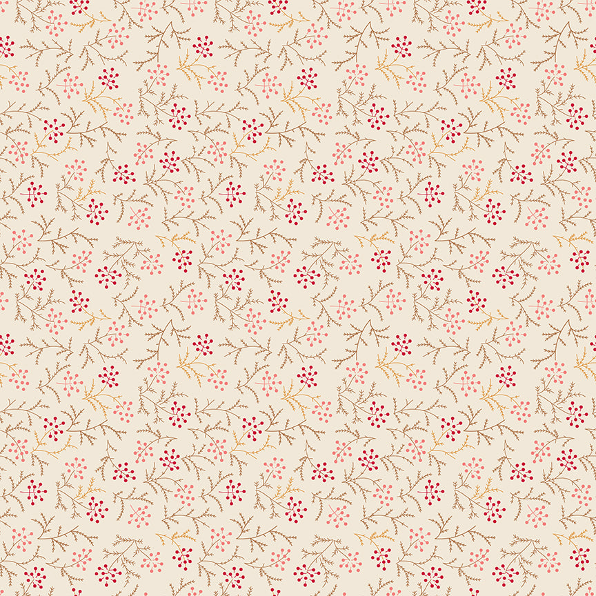 Pattern of small red flowers and green leaves on a beige background