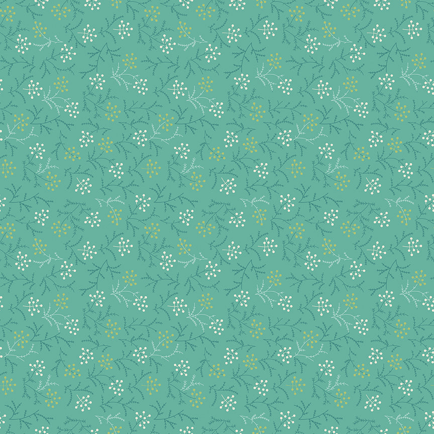 Teal background with small white and yellow floral pattern