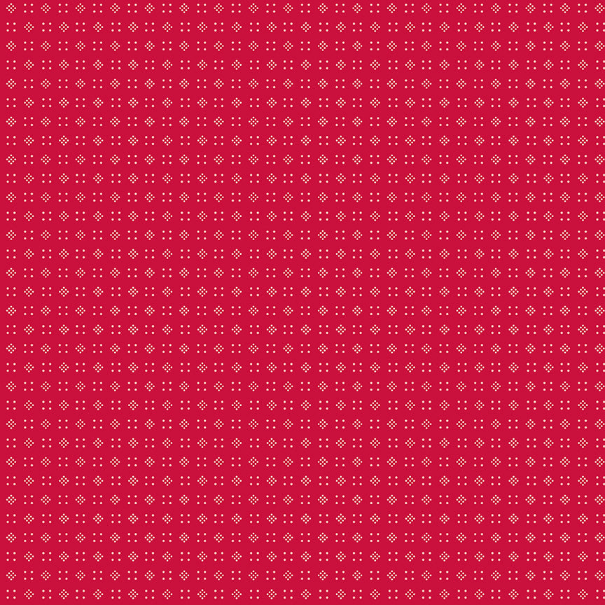 Red patterned background with white geometric shapes