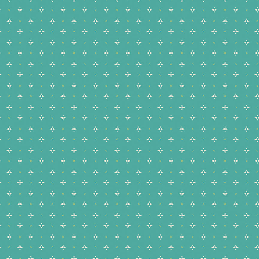 Teal patterned background with small white and yellow shapes