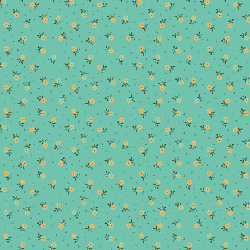 Pattern of small yellow flowers on a teal background