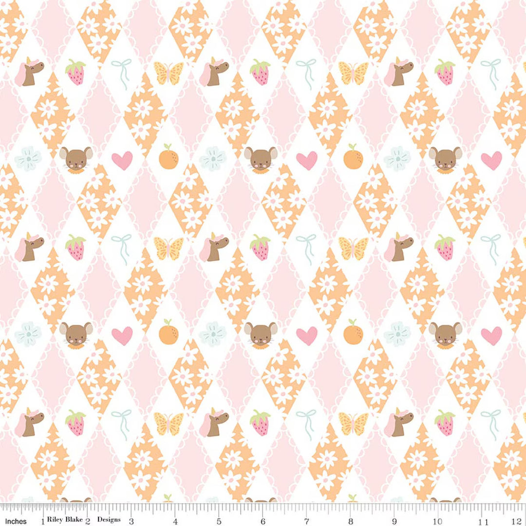 This print features a orange, white, and pink diamond grid filled with daisies, berries, bows, butterflies, hearts and mice. There is a ruler on the bottom for scale.