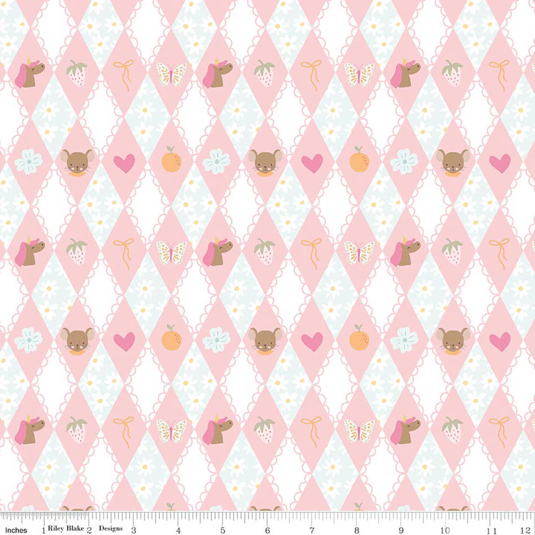 This print features a pink, white, and blue diamond grid filled with daisies, berries, bows, butterflies, hearts and mice. There is a ruler on the bottom for scale.