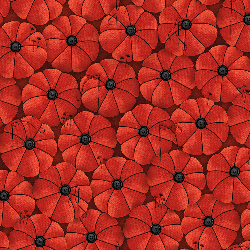 Pattern of red poppies with black centers on a matching background