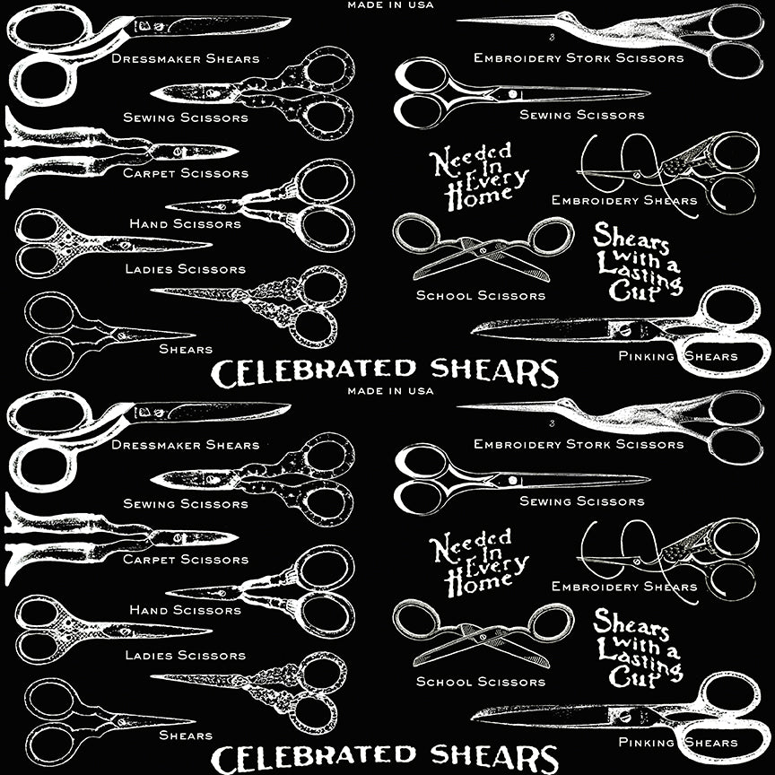 Illustration of various types of scissors with labels on a black background