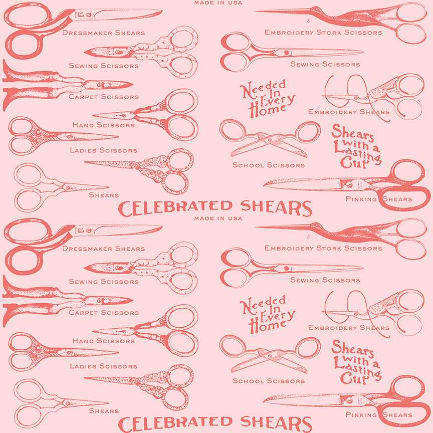 Illustrations of various types of scissors on a pink background with text.