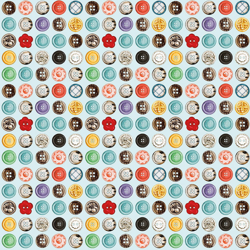 Pattern of colorful buttons on a light blue background