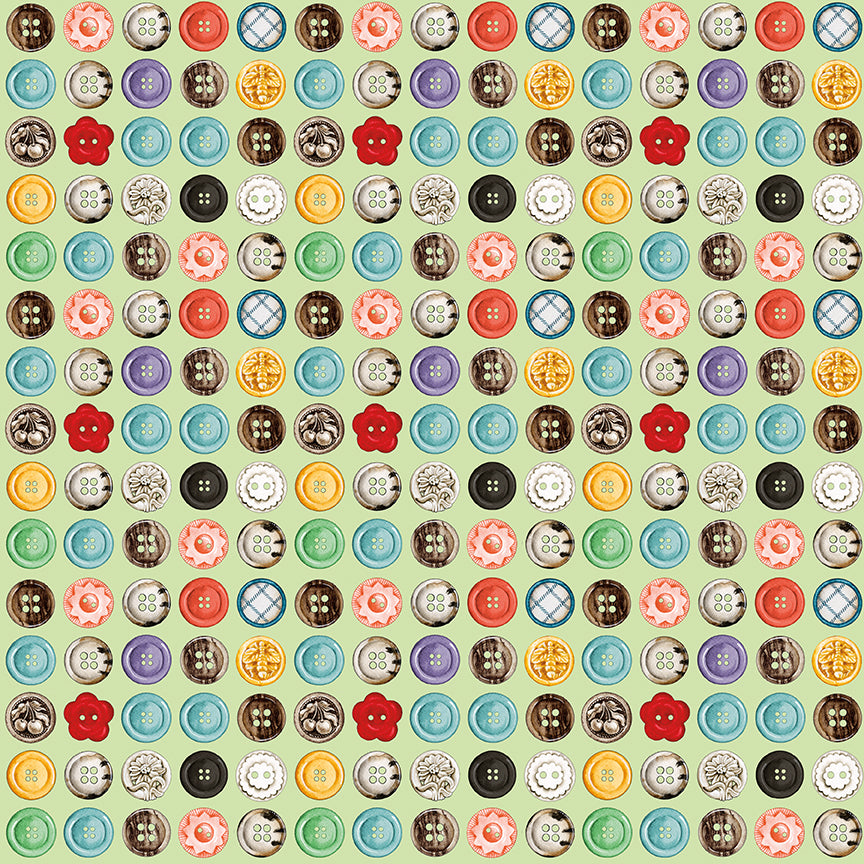 Pattern of colorful buttons on a light green background