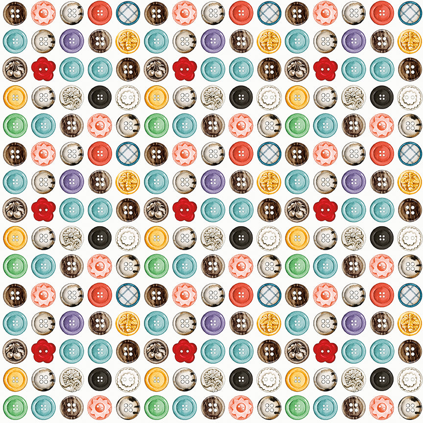 Pattern of various colorful buttons arranged in a grid.