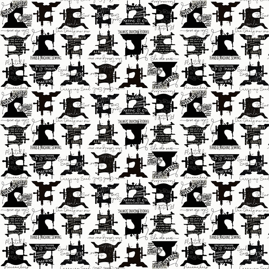 Pattern of black sewing machine illustrations with text on a white background