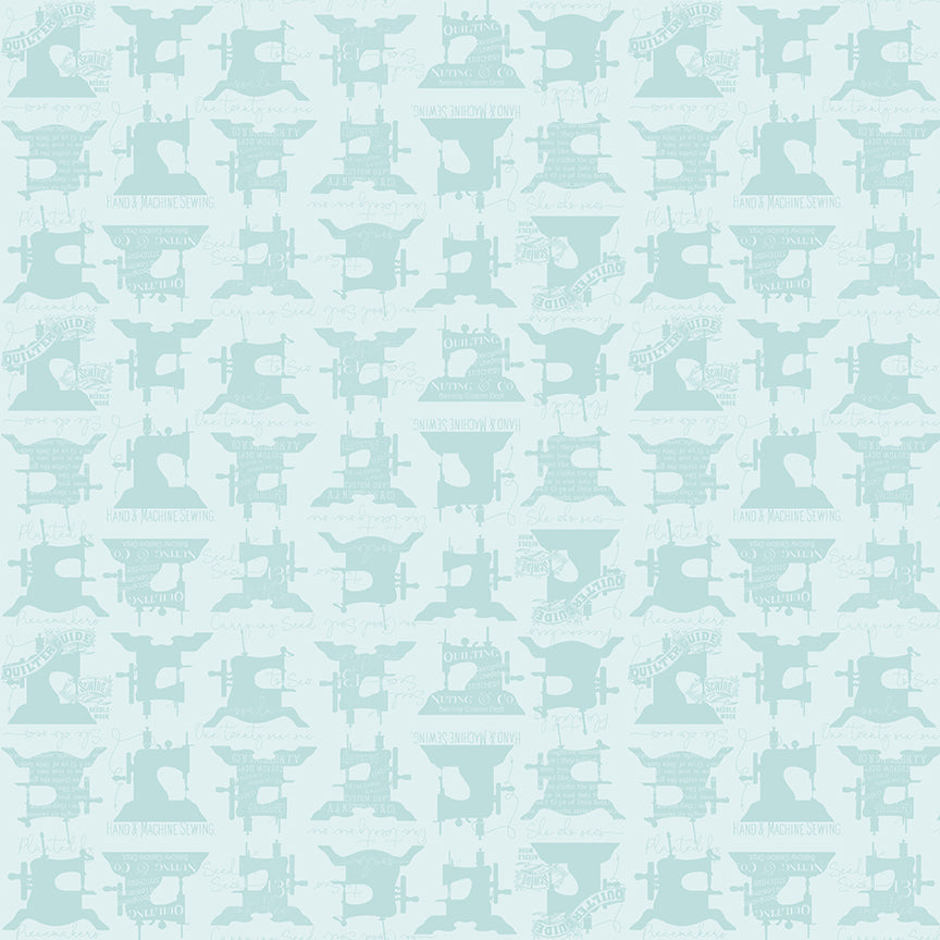 Pattern of vintage sewing machines on a light blue background