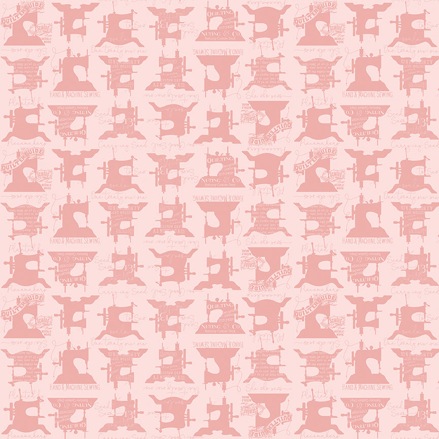 Repeating pattern of vintage sewing machines on a pink background
