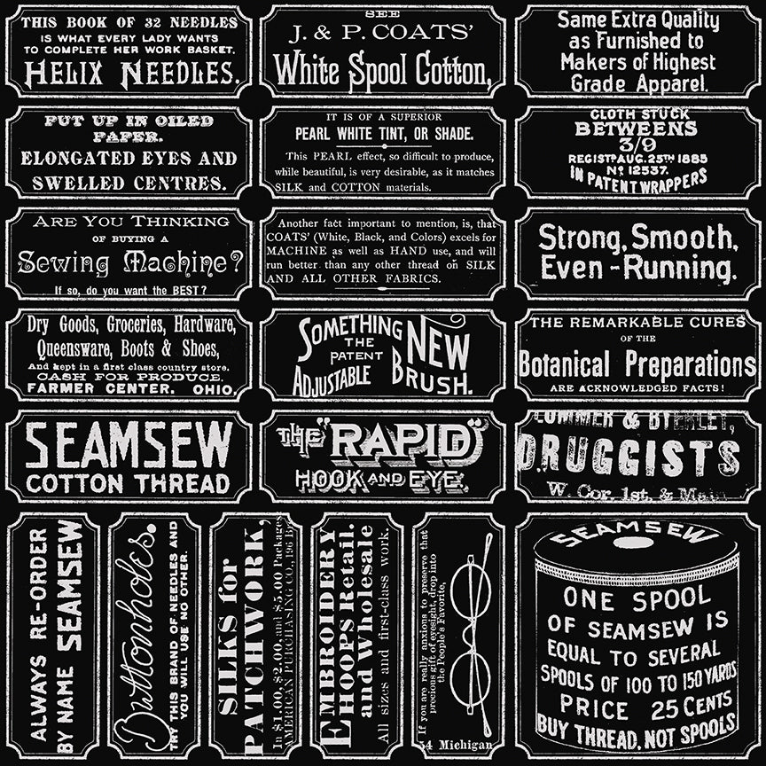 Collection of vintage-style product labels on a black background