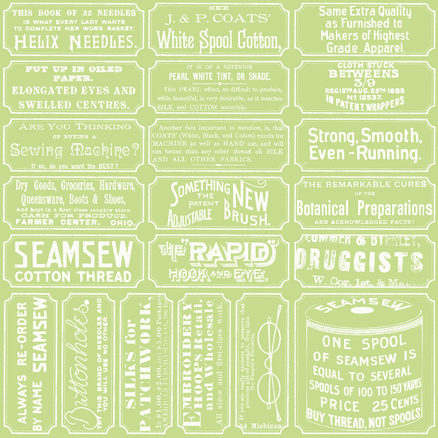Pattern of vintage sewing thread labels on a light green background