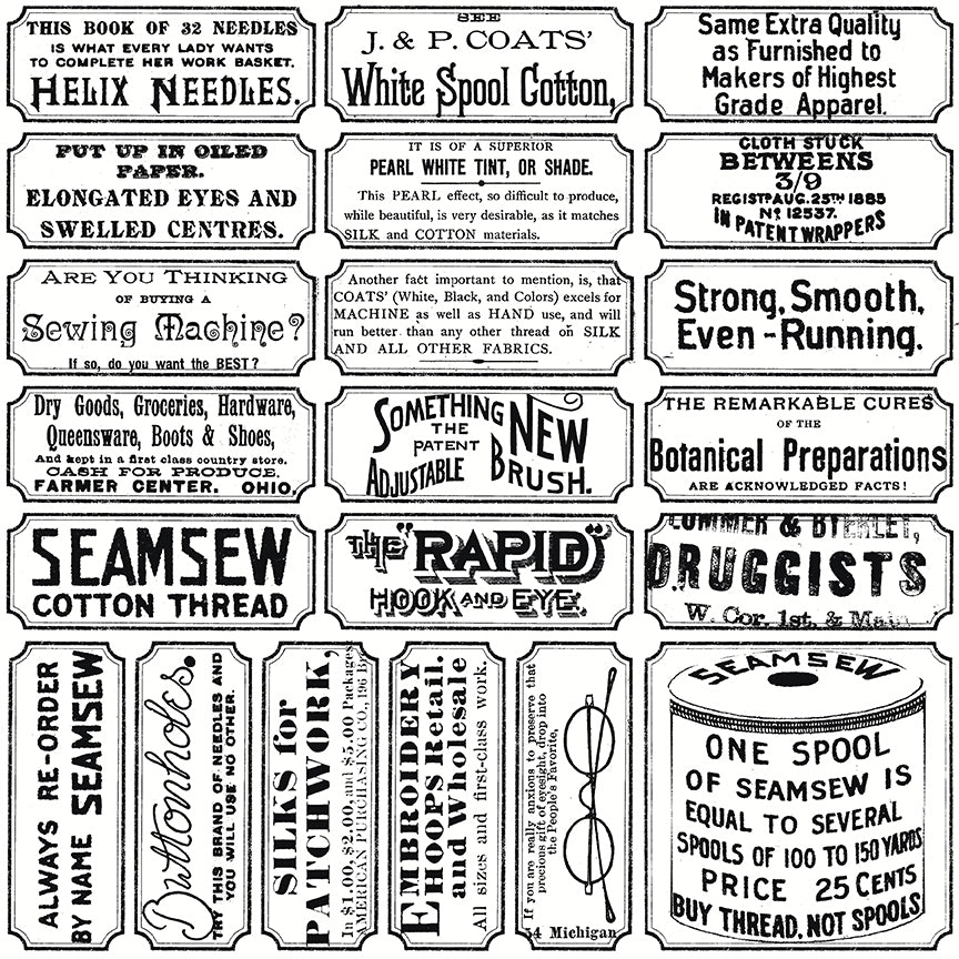 Collection of vintage advertisements for sewing supplies and products.