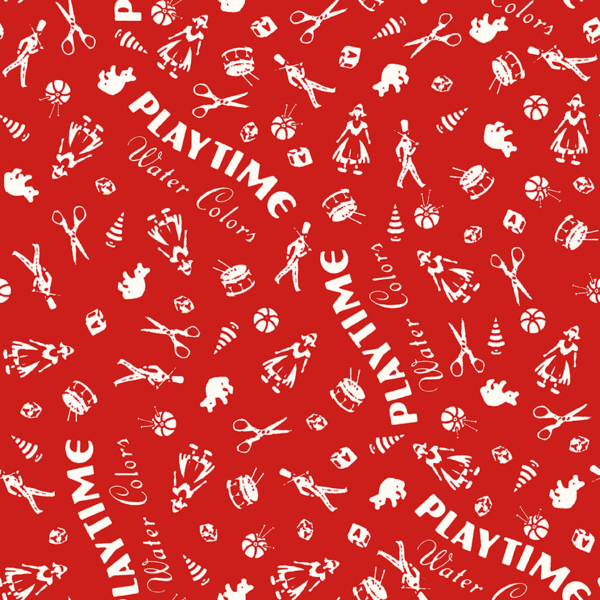 Red patterned fabric with white illustrations and 'Playtime Water Colors' text.