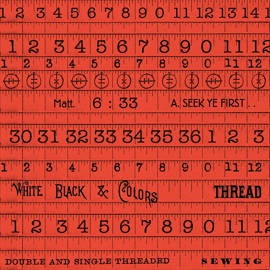 Red sewing thread measure with black text and numbers