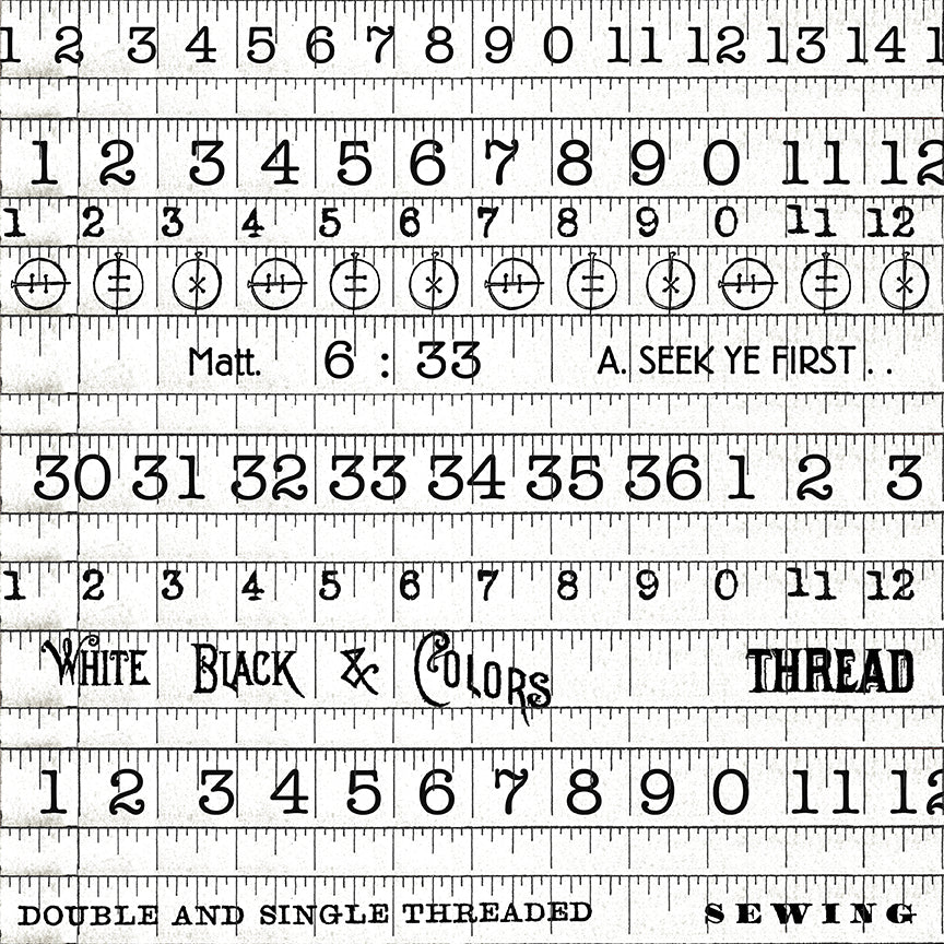 Sewing ruler with measurement markings and text on a white background