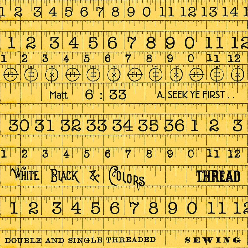 Repeating pattern of a sewing ruler with text and measurements.