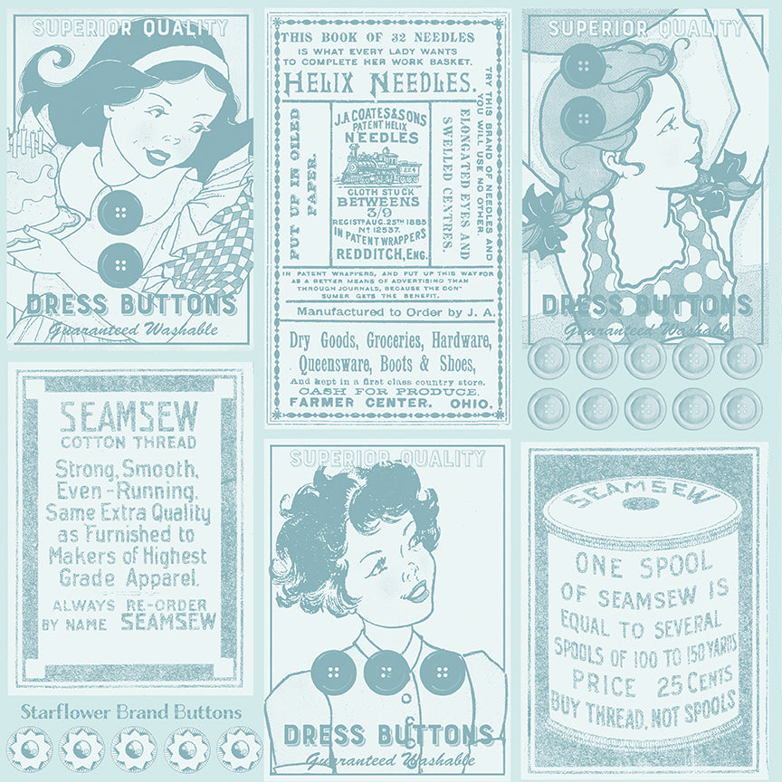 Vintage-style advertisement collage featuring women, buttons, and text on a light blue background.
